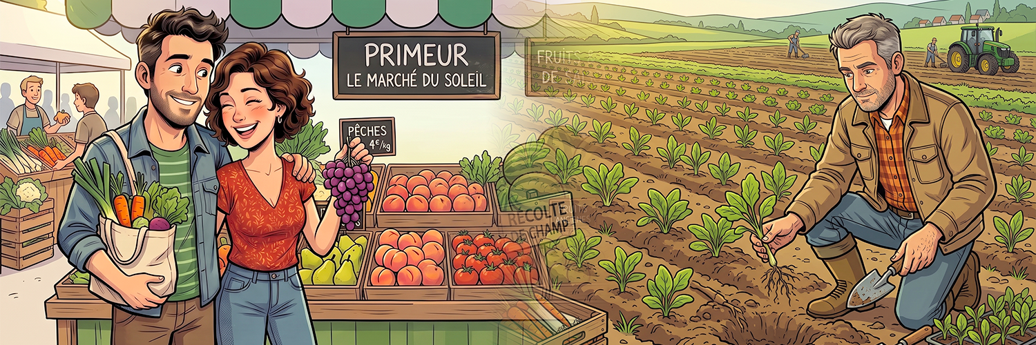 Un couple fait son marché, un maraîcher repique des salades au champ