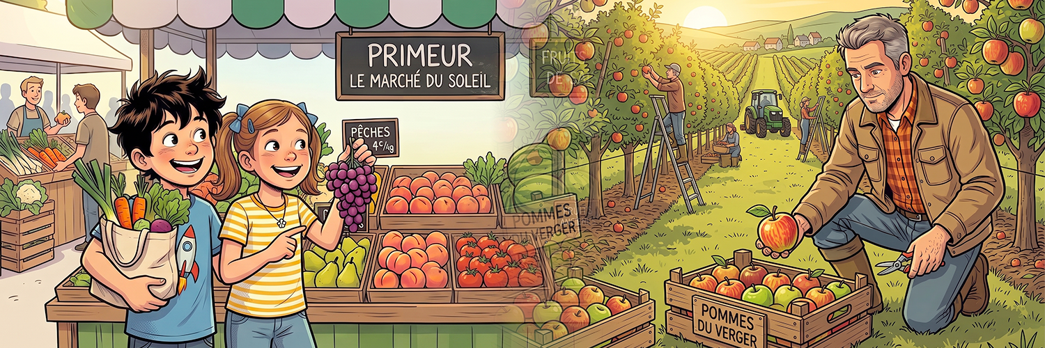 Deux enfants choisissent des fruits au marché, un arboriculteur cueille des pommes au verger