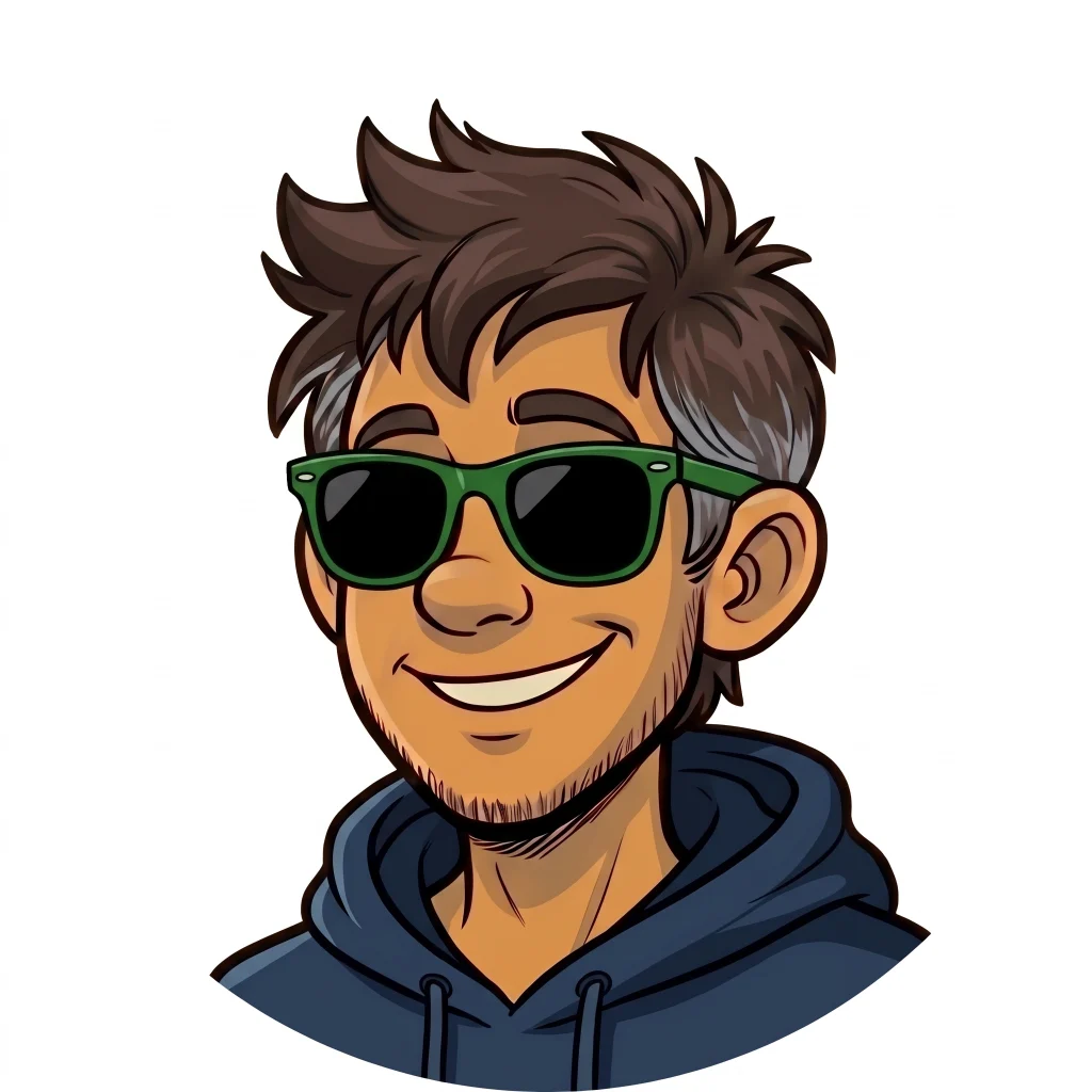 Cartoon portrait of the creator of Sainos, smiling, in sunglasses and a navy jumper